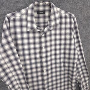 Theory Shirt Mens L Navy Blue White Herringbone Plaid Rammy Seersucker Button Up